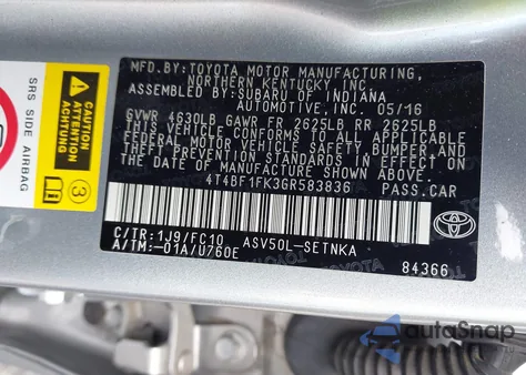 2016 Toyota Camry Le/Se/Xle/Xse from USA, damaged, VIN 4T4BF1FK3GR583836